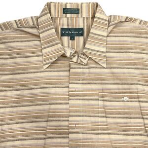 Tundra‎ Shirt Men L Beige Tan Stripe Classic Long Sleeve Collar Cotton Casual
